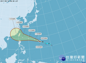 據中央氣象局發布的最新資料顯示，泰利颱風雖仍維持輕度颱風強度，但七級風暴風半徑從80公里擴大為100公里，若移動速度與路徑不變，台灣有可能從9月12日起，天氣不僅會受到泰利颱風的影響而有所變化，甚至氣象局就會在12日發布泰利颱風的海上與陸上警報，提醒民眾注意。（圖／中央氣象局）