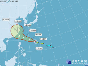 中央氣象局今日表示，泰利颱風持續朝西北西方向往臺灣方向接近，不排除於明（12）日白天發布海上颱風警報，明日晚間至週三（13日）清晨發布陸上颱風警報。（圖／中央氣象局提供）