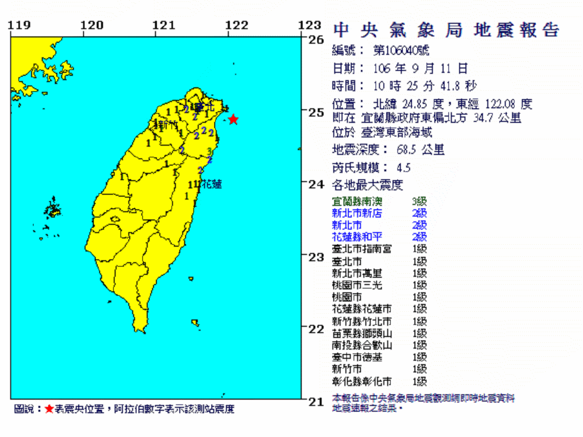 今(11)日上午10時25分在宜蘭東部外海發生芮氏規模4.5地震，深度為68.5公里，最大震度為宜蘭南澳3級。（圖／中央氣象局提供）