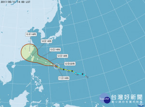 氣象局警告，泰利颱風結構完整，預估颱風接近台灣時，7級風暴風半徑可達220公里，無論颱風中心是否登陸，對台灣的影響都很大，提醒民眾要提早做好防颱準備。（圖／中央氣象局）