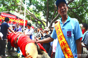 延續234年，聞名中外，有「臺灣第一香」的「西港香」今午順利完成取(舟參)神聖任務，香科工作人員馬上為寶(舟參)覆蓋大紅布，取(舟參)官
 林良太，也是王船的造船師比出讚的手勢，臉上還露出滿意笑容。(圖/記者黃芳祿攝)