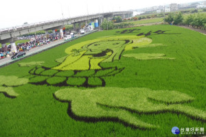 在台南六甲林鳳營登場的彩繪稻田，今年首次呈現Q版觀音和米勒拾穗，吸引滿滿人潮造訪。(圖/記者黃芳祿攝)