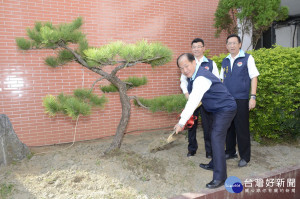 警察局長金浩明於警察局門口親自種植「黑松」樹。（記者許素蘭／攝）