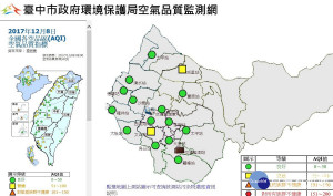 台中市環保局發布8日早上發布全是空品監測有14個測站是綠色旗等級。（圖/臺中市政府環保局）