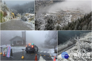 寒流持續發威致使太平山再度飄雪路面結冰。（圖／太平山國家森林遊樂區提供）