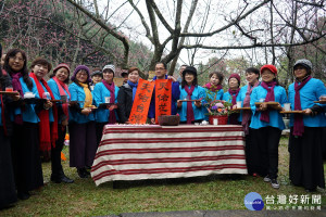 茶師們齊聚九族櫻花湖畔櫻花樹下，並由魚池鄉公所鄉長夫人王秋淑，代表陳錦倫鄉長致詞發表櫻為愛、我們一起為台灣、為花蓮祈福。