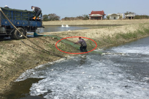 漁民搬家公司為烏魚搬新家，圈紅處為打造像是飛機緊急逃生梯。(圖/記者黃芳祿攝) 