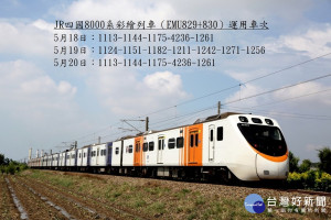 台鐵17日表示，去年與JR四國合作推出的普悠瑪、EMU800型區間車「限定版列車」塗裝，將於5月21日（週一）卸除塗裝，因此台鐵也公布此兩列列車5月18日～5月20日間的行駛班次，讓大家有機會多拍照。
（圖／台鐵）