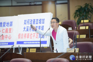 市政總質詢市議員楊朝偉就如何改善大溪月眉停車場假日停車位不足提出建議。(圖／桃園市議會提供)
