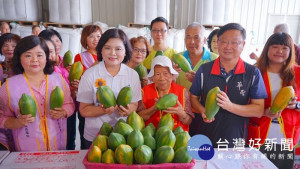 雲林縣長參選人張麗善與日頭花姊妹協會集資認購兩百多箱林內木瓜，分贈給縣內社福團體。