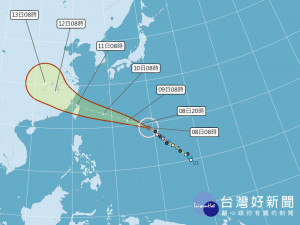 強烈颱風瑪莉亞朝台灣北部進逼，路線更往南修，氣象局指出，若此路徑變動不大的話，不排除中心登陸，最快9日發布海上警報，不排除10日上半天發布陸上警報。（圖／中央氣象局）