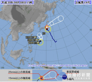 位於屏東鵝鑾鼻東方約1200公里海面上的熱帶性低氣壓（TD），8日中午已被日本氣象廳已經正式命名為第14號颱風「魔羯」。（圖／日本氣象廳）