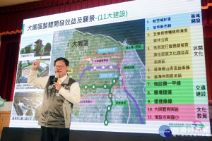 桃園市長鄭文燦於「桃園軌道建設前期宣導說明會」捷運綠線第4場（大園區）說明會中進行宣導說明。