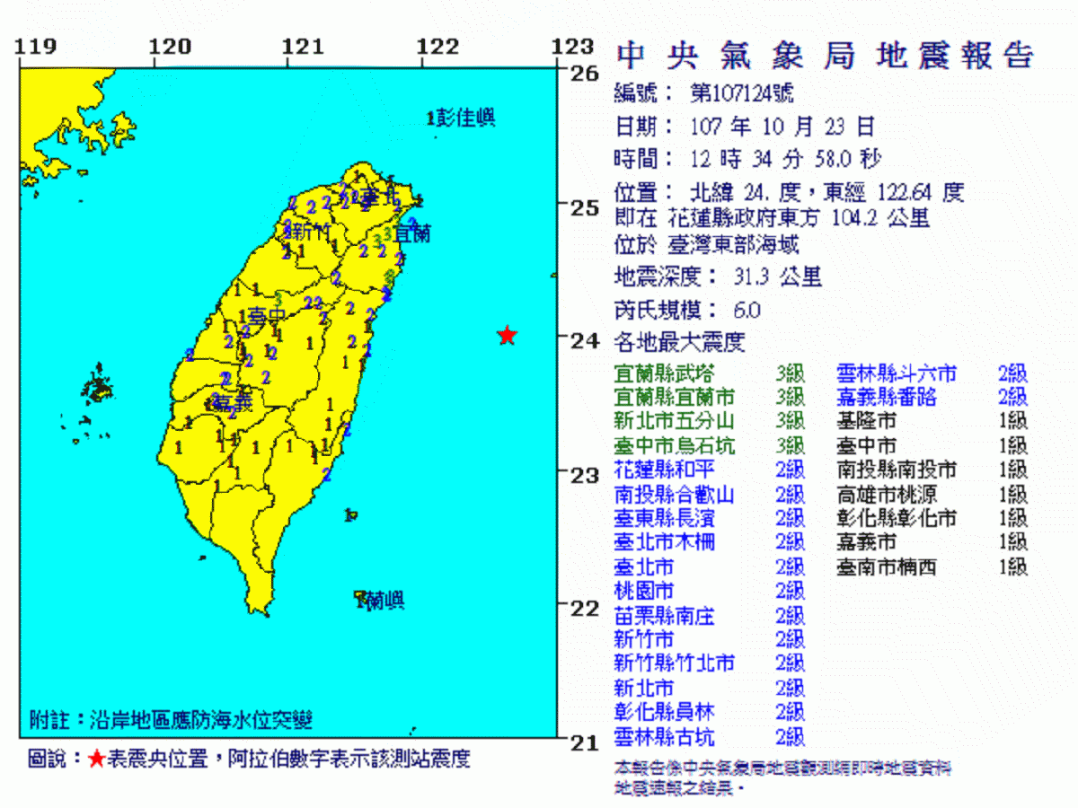 台灣東部海域今(23)日中午12時34分發生芮氏規模6.0地震（圖／翻攝自中央氣象局）