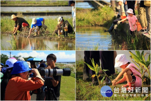 響應「國土生態綠網計畫」，大小朋友跟著農夫學習營造水田棲地環境。（圖／羅東林區管理處提供）