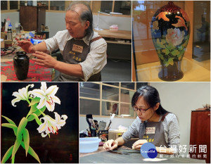 宜蘭傳藝園區駐園藝生王清源（上）、李麗卿（下）和他們的漆工藝作品。（圖／陳木隆攝）