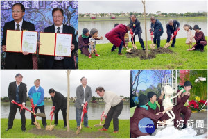 宜蘭縣代理縣長陳金德等人到冬山河畔植樹營造多樣風情。（圖／陳木隆攝）