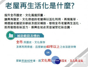 「老屋再生活化補助計畫」，已邁入第2年，補助申請案採隨到隨審方式受理，歡迎民眾踴躍申請。

