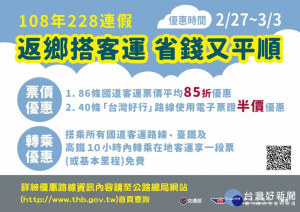 228連假計有14家業者86條國道客運路線配合提供85折優惠，藉以鼓勵民眾搭乘公共運輸，紓解國道交通壅塞。（圖／臺北區監理所提供）