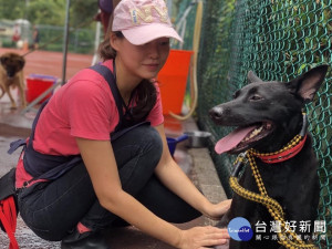  喜歡毛寶貝的空姐志工歐柚子，每個禮拜六都盡量換班換休來板橋動物之家當志工，陪伴籠內封閉、不信任人的小黑點，終於可以出籠迎向陽光。（圖／動保處提供）
