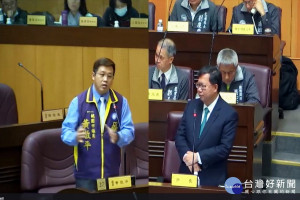 桃園市議員黃敬平以「韓國瑜條款」質詢桃園市長鄭文燦。