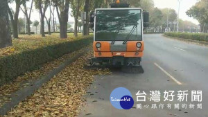 世賢路桃花心木落葉期，環保局加強清掃維護市容