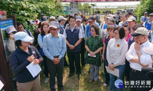 行政院長蘇貞昌(右1)聽取慈心基金會種樹總監程禮怡(左1)說明濁水溪海岸造林成果。