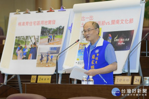 市議員蘇家明在總質詢建議「土地公國際民俗藝術節」應比照閩南文化節擴大規模舉辦，並改善土地公文化館硬體設施。(圖／桃園市議會提供)