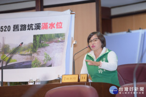 市議員林俐玲在總質詢時針對淹水及排水議題詢問進度。(圖／桃園市議會提供)