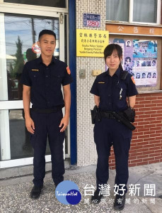 口湖所警員李政倫、王瑄真與郵局行員聯合阻止民眾遭受詐騙，獲得鄉親肯定與讚許。（記者陳昭宗拍攝）
