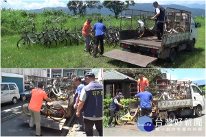 鄉鎮市公所清潔隊主動拖吊清除占用道路oBike並暫時集中管理。（圖／宜蘭縣環保局提供）