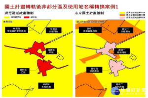 國土計畫轉軌後非都分區及使用地名稱轉換案例。