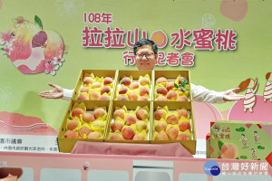 協助在地農民行銷，桃園市長鄭文燦大力促銷復興區的拉拉山水蜜桃。