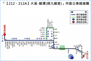 桃園市新增212、212A「大溪–龍潭（經九龍里）」市區客運路線圖。