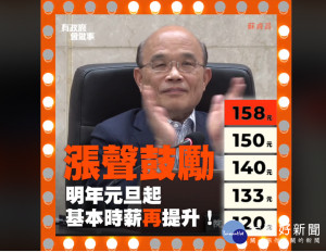 行政院長蘇貞昌8月15日在行政院會宣布，2020年元旦起，基本時薪調漲到158元、基本月薪則調到2.38萬元。（圖／翻攝蘇貞昌臉書）