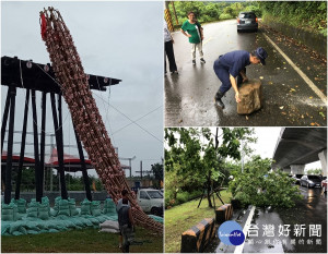 白鹿發威！宜蘭傳出搶孤飯棧倒下及落石、樹倒等災情。（左圖／頭城搶孤隊領隊林光賢提供；右圖／警方提供）