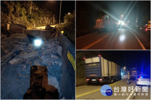 蘇花公路觀音段崩落大量土石，警方及工程人員合力交管及清除障礙。（圖／警方提供）