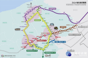 桃園都會區大眾捷運三心六線路網圖。