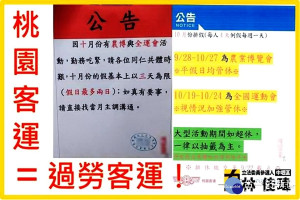 時代力量中壢區立委參選人林佳瑋以兩張桃園客運對內部司機發出的公告，指責該公司違反勞基法，限制司機休假。