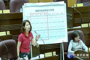 桃園市議員舒翠玲於議事堂上抨擊桃園市府舉債創新高。