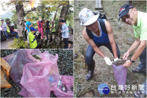 宜蘭縣觀光大使協進會發動會員到台灣山毛櫸步道淨山撿垃圾。（圖／許正龍提供）