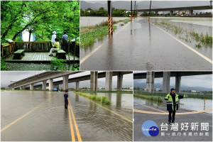 滂沱大雨炸宜蘭，冬山水淹道路、新寮瀑布步道暫停開放。（右及左下圖／羅東分局提供；左上圖／羅東林管處提供）