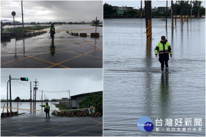 豪大雨來襲，宜縣警察在淹水路段警式交管。（圖／礁溪分局提供）