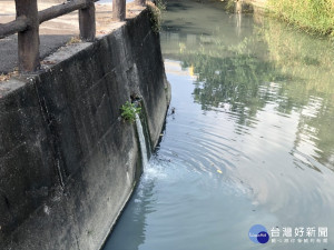 高市頂厝橋大排北極殿左前方位有一股乳白色污水流入河道。