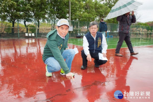 大甲網球場PU鋪面龜裂、破損、地基沈陷、下雨積水，場地不平整，使用上很不安全，市議員爭得整修工程費，預計明年六月竣工。（記者陳榮昌）
