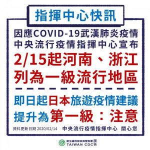 由於日本東京都、千葉、神奈川、和歌山、沖繩陸續出現武漢肺炎疫情，且發生感染源不明個案，可能已出現隱性社區傳播，因此中央流行疫情指揮中心14日下午召開記者會宣布，即日起提升日本旅遊疫情建議至第一級注意（Watch），民眾應遵守當地一般預防措施。（圖／衛福部疾管署Facebook）