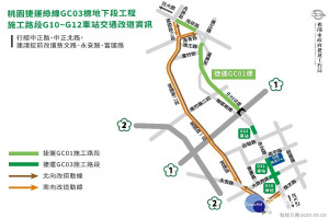 桃園捷運綠線GC03標潛盾地下段工程G10～G12施工交通改道圖。