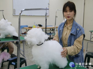 弘光科技大學動物保健學程大四學生邱雲貞，累積寵物美容學習技能，首次參加T.G.A台灣區寵物美容協會美容競技賽，獲得C級組第三名。（記者陳榮昌攝）
