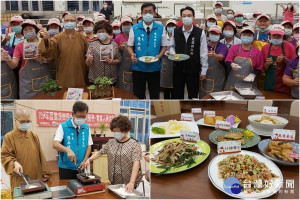 雲水日托創意蔬食料理實作班開課，礁溪鄉長張永德與廚務志工學習好手藝。（圖∕礁溪鄉公所提供）