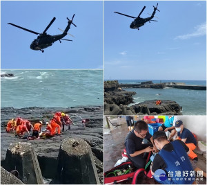 大溪漁港多名釣客被大浪打落海中，宜蘭縣消防局及空勤總隊進行陸海空大搜救。（圖∕宜蘭縣消防局提供）